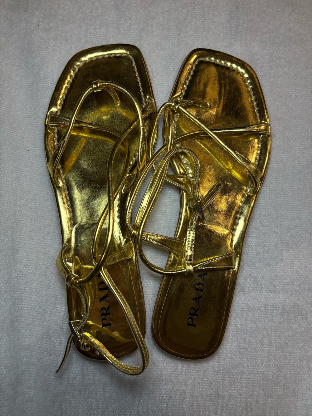 Prada Metallic Gold Lace-Up Flat Sandals